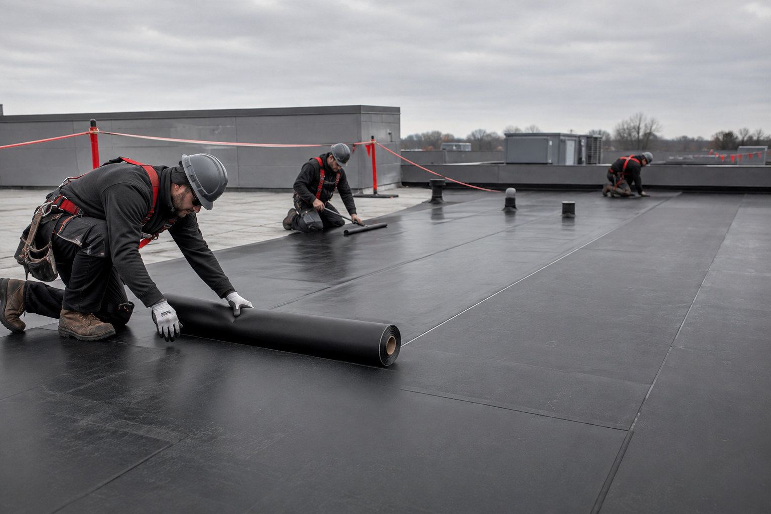 Roofers installing black EPDM roofing